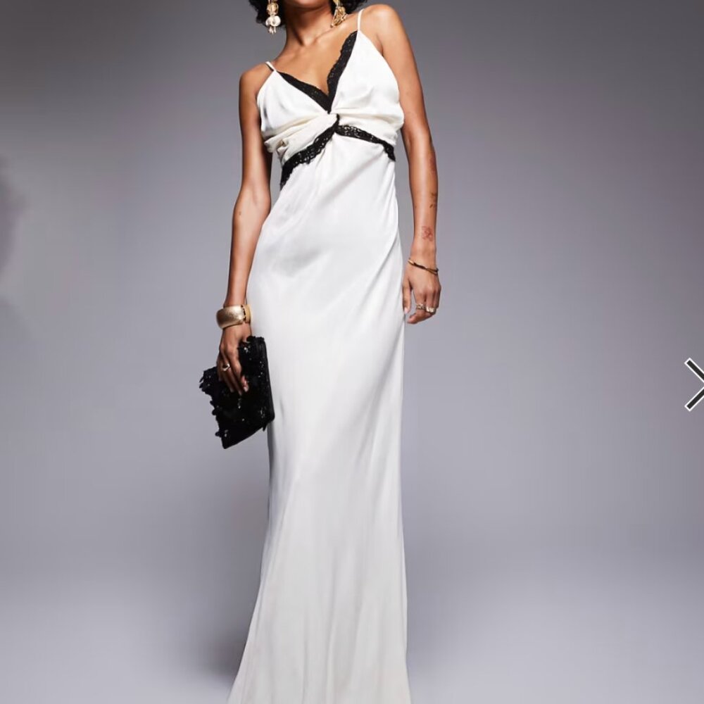 ASOS Satin Lace Mix Twist Front Maxi Dress in Ecru